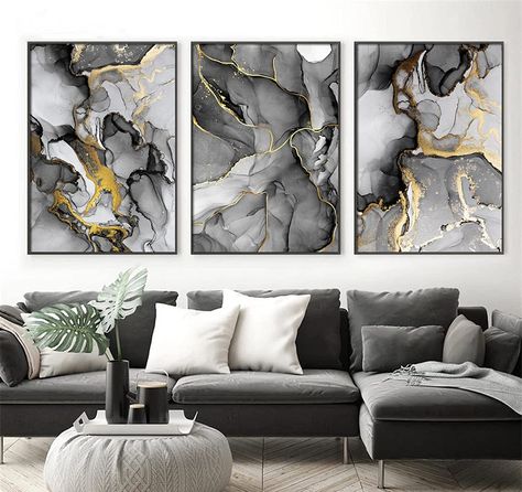 Black And Gold Marble Art, Grey Gold And Black Living Room, Dark Grey Black And Gold Living Room, Grey Gold And Black Living Room Ideas, Black White Gray Gold Living Room Color Schemes, Grey White Gold Living Room, Grey Black And Gold Living Room, Black And Silver Living Room Decor, Black Grey And Gold Living Room