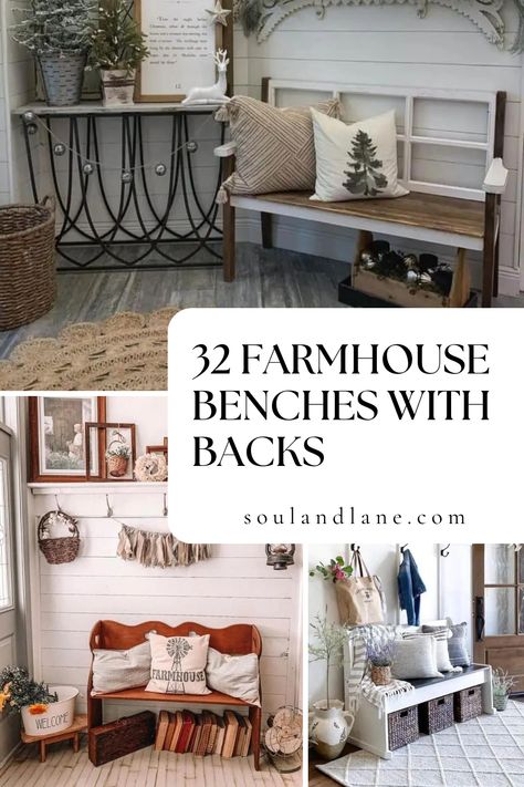 From intricately carved wooden backs to simple, clean lines that speak volumes, find the perfect piece to complement your dining area, entryway, or bedroom. Dive into our collection of benches that blend the rustic warmth of farmhouse design with unique touches, making each piece a standout addition to your home décor. Let these benches with backs inspire your next home makeover, adding both style and functionality. Wooden Bench Decor Ideas, Wooden Bench Indoor Decorating Ideas, Country Benches Farmhouse Style, Styling A Bench, How To Style A Bench, Wooden Bench Indoor, Country Bench, White Bench, Bench With Back