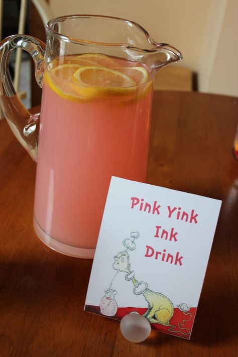 Dr Seuss-themed party food - clever ideas! Pink Ink Drink Dr Seuss, Dr Seuss Drinks, Dr Seuss Inspired Snacks, Dr Seuss Gender Reveal Ideas, Dr Suess Gender Reveal Party, Dr Seuss Themed Food, Dr Seuss Gender Reveal, Dr Seuss Food Ideas, Seuss Snacks