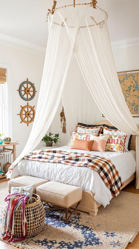 boho coastal bedroom Boho Beach Bedroom, Coastal Boho Bedroom, Boho Coastal Bedroom, Coastal Bedroom Ideas, Nautical Elements, Boho Ideas, Airy Bedroom, Boho Lounge, Vintage Ship