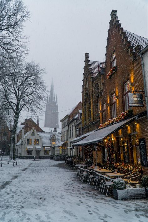 Snowfall in Bruges on a cold winterday. #belgium #bruges #snow #snowfall #winter #architecture #aesthetic Winter Travel Aesthetic, Belgium Bruges, Europe Aesthetic Winter, Winter Town, Winter City Aesthetic, German Winter Aesthetic, European Winter Aesthetic, Ireland Winter, Germany Aesthetic Winter