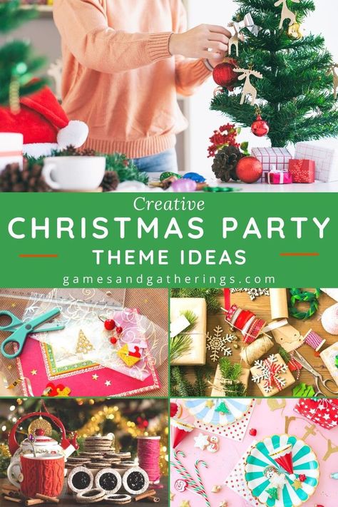 5 images of creative Christmas parties with the text "Creative Christmas Party Theme Ideas" and "gamesandgatherings.com." Christmas Themes Ideas Party, Fun Christmas Party Themes, Christmas Party Theme Ideas, Christmas Party Theme, Tree Trimming Party, Christmas Party Crafts, Christmas Party Activities, Christmas Party Ideas, Party Theme Ideas