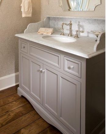 modern Victorian vanity via houzz Victorian Bathroom Sink Cabinet, Marble Backsplash Bathroom Vanity, Curved Marble Backsplash, Vanity Backsplash Ideas, Marble Backsplash Bathroom, Backsplash Shelf, Paris Townhouse, Bathroom Basin Cabinet, Victorian Bathrooms