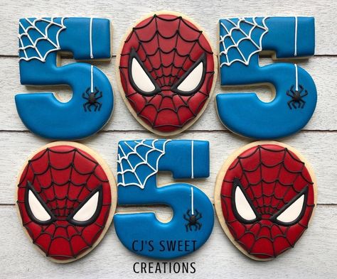 Spider Man Cookies, Spiderman Cookies, Spiderman Theme Party, Spiderman Birthday Party Decorations, Superhero Cookies, Spiderman Birthday Cake, Marvel Birthday Party, Spiderman Theme, Spiderman Birthday Party