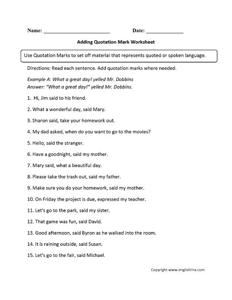 Punctuation Worksheets | Quotation Mark ... Quotation Marks Worksheet, Dialogue Worksheet, Teaching Suffixes, Worksheets For 4th Grade, Punctuating Dialogue, Personal Pronouns Worksheets, Teaching Prefixes, Quotation Mark, Punctuation Worksheets