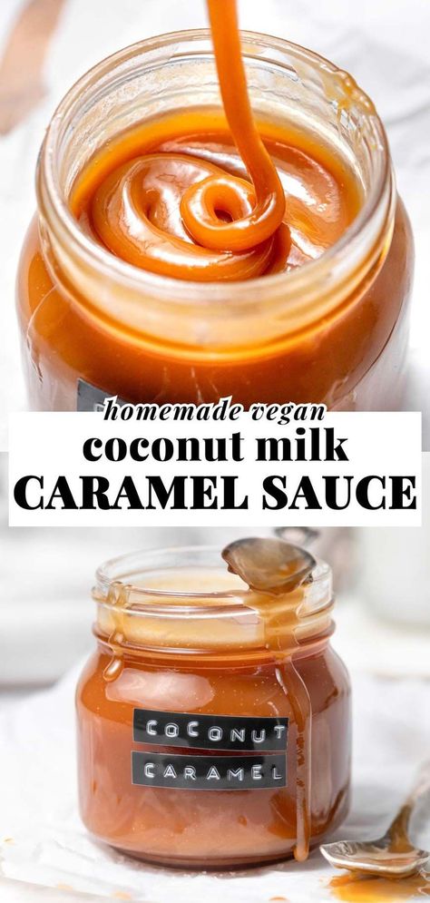 This easy and simple vegan caramel sauce only uses 4 ingredients. Made with coconut milk or coconut cream, vanilla, cane sugar and salt! Drizzle this creamy dairy free caramel on top of ice cream, apple slices, fruit, coffee drinks, lattes or even popcorn. Add an extra sprinkle of flaky salt on top for a rich, creamy, caramelized treat. Vegan, dairy free and gluten free. Coconut Cream Caramel Sauce, Carmel Sauce Non Dairy, Coconut Sugar Caramel Sauce, Easy Vegan Caramel Sauce, Dairy Free Caramel Dip, Simple Vegan Gluten Free Recipes, Coconut Sugar Caramel, Vegan Salted Caramel Sauce, Vegan Caramel Recipe