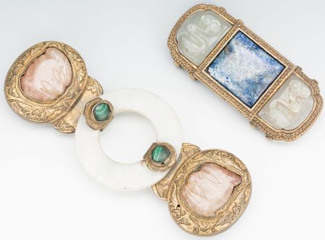 Lot 9: 2 Chinese Jade, Stone & Gilt Bronze Belt Buckles Antique Belt Buckle, Chinese Jade, Sparkly Earrings, Asian Antiques, Jade Stone, Chinese Antiques, Summer Art, Featured Art, Blue Stone