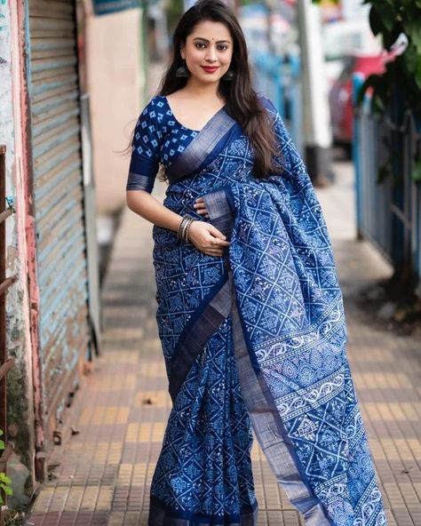 *price 799 free shipping Dm for order whatsup 8309874411 or Dm to @hansicollections inbox 5 DESIGNS READY STOCK* TRENDY INDIGO PRINTS. INDIGO X BATIK PRINTS. New indigo sepcial catalog from indigo sepical (slub ailk Quality- soft silk slub woven saree with batik print deaign. Blouse- runing batik printed blouse. Full length 6.30 meters. Top premium quality Dm for order whatsup 8309874411 or Dm to @hansicollections inbox #hansicolletions #halfsaree #halfsareefunction #reels #l... Print Blouse Design, Indigo Saree, Half Saree Function, Cotton Saree Blouse Designs, Long Frock Designs, Cotton Saree Blouse, Indigo Prints, Batik Print, Blue Saree