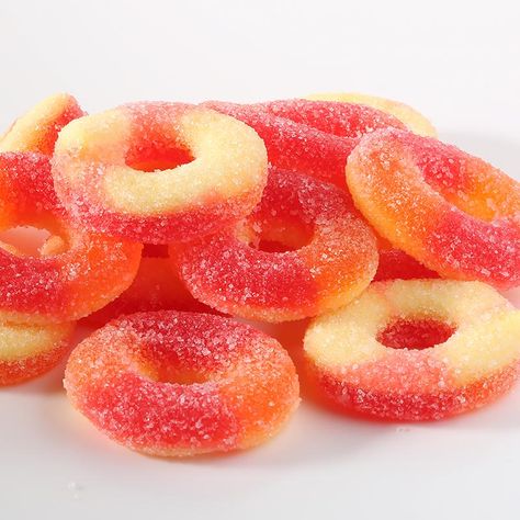 Gummy Peach Ring Item Number: 17012 Friendly Reminder The Photo may vary slightly due to nature and manufacturer. Please understand that food can't be exchanged or return after it left our store or warehouse. Please make sure you know the flavor before you place the order.Also, please rejected any open (broken) package from the mailman. All Package comes with insurance so it should be in complete packaging. If you have any questions, please feel free to contact us. Homemade Gummy Peach Rings, Homemade Peach Ring Gummies, Gummy Peach Rings, Gummy Candy Product Photography, Peach Candy, Peach Ring, Peach Items, Rings Aesthetic, Soft Candy