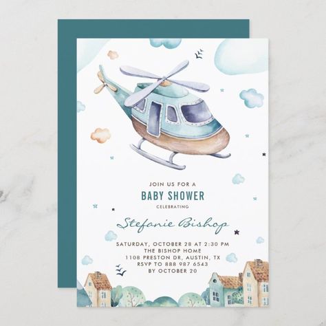 Watercolor Helicopter, Rustic Baby Shower Boy, Baby Shower Invitations Ideas, Baby Boy Shower Invitations, Baby Shower Invitation Ideas, Rustic Baby Shower Invitations, Teddy Bear Birthday, Boy Shower Invitations, Invitations Card