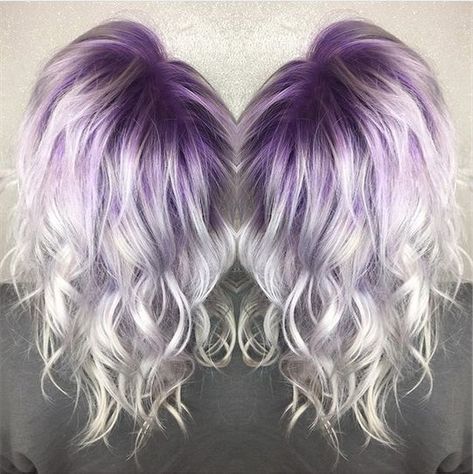 Purple To Silver Hair, Silver Hair With Purple Roots, Short Blonde Hair With Color Underneath, Lilac Shadow Root, Icy Blonde And Purple Hair, Cool Purple Hair Dye Ideas, Icy Blonde With Purple Peekaboo, Purple Silver Hair Ombre, Blonde Hair With Purple Roots