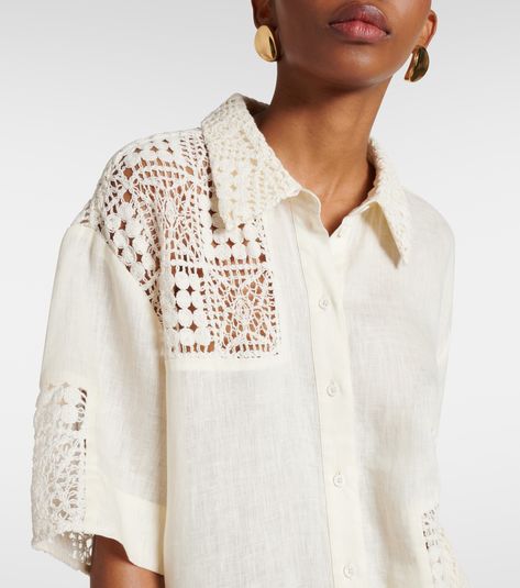 Rayure patchwork cotton shirt in white - SIR | Mytheresa Hakoba Shirts, Crochet Blouses, White Outfits For Women, Sir The Label, Designer Shopping, Spring Knits, Printed Silk Shirt, Heirloom Sewing, Wool Shirt