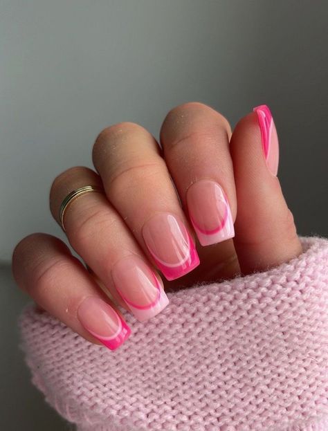 Nail Designs 2024 Summer, Pink Tip Design Nails, Nail Idea Square, Square Nail Ideas Summer, Pink French Tip Nails Gel, Summer French Tips Short, Summer French Tip Nails Square Short, Pink Summer French Tip Nails, Pink Simple Design Nails