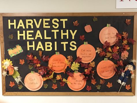 Fall Leader In Me Bulletin Boards, November Mental Health Bulletin Board, Resident Assistant Bulletin Boards Fall, Healthcare Bulletin Boards, Harvest Healthy Habits Bulletin Board, Fall Pe Bulletin Boards, Fall Staff Bulletin Board Ideas, Fall Cork Board Ideas, Fall Counseling Bulletin Board Ideas