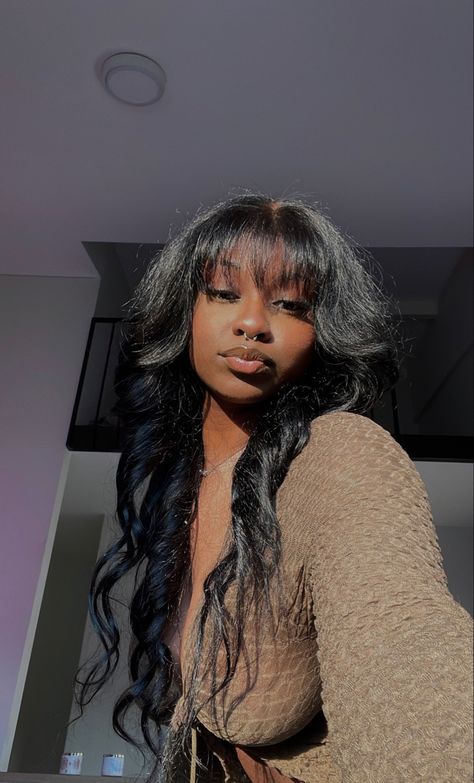 Sew In With Fringe Bangs, Wispy Bangs Sew In, Wispy Bangs Wig Black Women, Body Wave Bangs, Middle Part Fringe Bangs, Fringe On Black Women, Bouncy Bangs Hairstyle, Wig With Fringe Black Woman, Fringe Weave Black Women