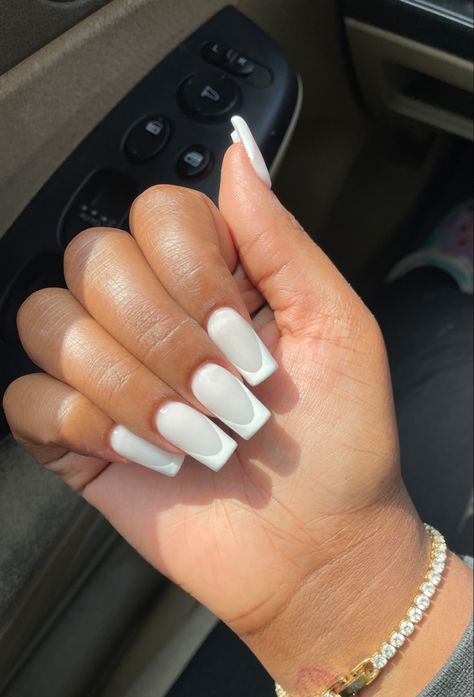 White Base French Tip, White Nails With White Tips, Medium Length Milky White Acrylic Nails, White Base French Nails, Long Square Milky White Nails, White French Tip With White Base, Cum White Acrylic Nails Square, Long Square Acrylic Nails Milky White, White Tapper Square Acrylic Nails