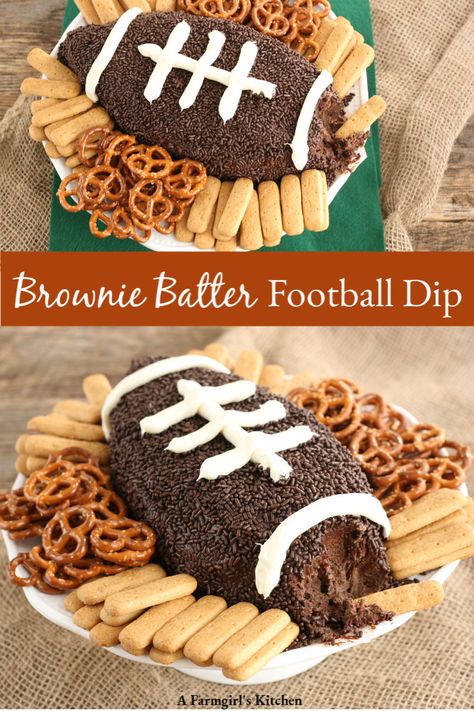 Brownie Batter Football Dip is perfect for your football party. Easy to make with store bought ingredients and so yummy!   #tailgating #football #chocolate #browniebatter #homemade #brownies #dip #appetizer #desserts Dessert For A Football Team, Dessert Recipes Football, Football Themes Birthday Party, Superbowl Sunday Desserts, Superbowl Desert Board, Football Baking Ideas, Chiefs Game Day Food, Desserts For Football Games, Sweet Football Snacks