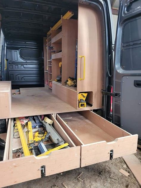 Wood Shelves For Cargo Van, Tool Storage In Van, Van Organization Construction, Construction Van Setup, Work Van Pull Out Storage, Cargo Van Storage Ideas, Carpenter Van Setup, Van Storage Ideas Tools, Work Van Organization Ideas