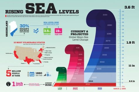 Rising Sea Levels Infographic Science Infographics, Environmental Activism, Rising Sea Levels, Classroom Images, College Packing Lists, Data Visualization Design, Ocean Day, Sea Level Rise, Oceans Of The World