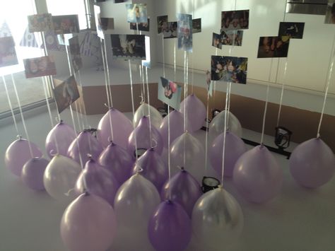 Nailed it! - Double sided pictures hung from helium balloons. Awesome idea for a bridal shower or any other celebration! Ballon With Pictures Attached, Photos On Balloon Strings, Balloon Pictures Hanging, Pictures Hanging From Balloons, Balloons With Pictures Attached, 18th Party, Hanging Balloons, Picture Displays, Floating Balloons