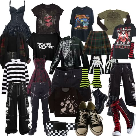 emo, scene, fairy grunge, alternative, arm warmers, converse, belt, gloves, band tshirts Mall Goth Outfit Ideas, How To Style Arm Warmers, Emo Outfit Ideas 2000s, Scene Emo Accessories, Descendants Genderbend, Emo Clothes 2000s, Striped Arm Warmers Outfit, Emo Costume, Black Striped Shirt Outfit