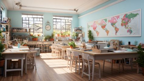 Interior of modern cozy school classroom. Light blue walls, wooden tables and chairs, large geographical map on the wall stock photo Wooden Tables And Chairs, Light Blue Walls, Wooden Table And Chairs, Tables And Chairs, Map Wall, School Classroom, Blue Walls, Wooden Tables, Chair Design