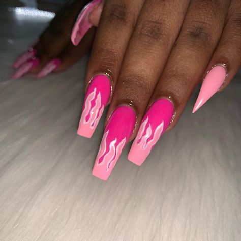 @nail.hause on Instagram: “I’ll get better at flames one day😭 they’re still cute though✨” Fire Flame Nail Design, Pink Fire Nails, Pink Flame Nails, Flame Nails, Bright Pink Nails, Pink Fire, Pink Friday, Glam Nails, Fire Nails