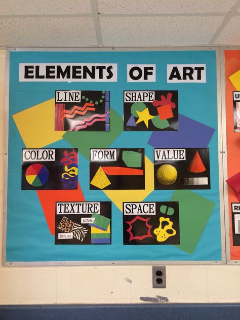 Posters For Art Classroom, Elements Of Art Classroom Display, Elements Of Art Display, Artist Of The Week Bulletin Board, Elements Of Art Bulletin Board, Art History Bulletin Boards, Art Room Classroom Decor, Middle School Art Bulletin Boards, Art Class Bulletin Boards Elementary