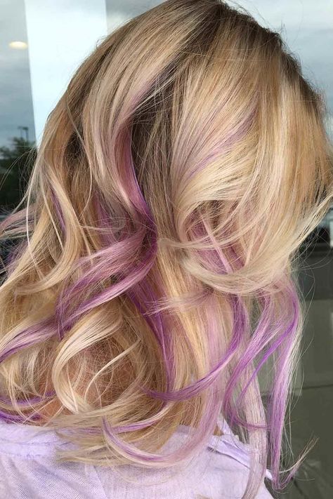 Blonde Pink And Purple Hair, Blond Hair With Purple Highlights, Pastel Highlights In Blonde Hair, Purple Highlights In Blonde Hair, Fun Hair Color Ideas For Blondes Trends, Pink And Purple Hair Highlights, Blonde Hair Purple Highlights, Blonde Hair With Color Peekaboos, Blonde Hair With Purple Highlights