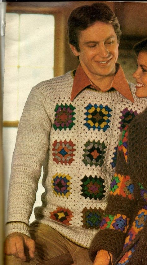 Knitting For Men, 70s Crochet, Crochet Baby Costumes, Square Sweater, Sweater Tutorial, Menswear Inspiration, Granny Square Sweater, Crochet Men, Crochet Cardigan Sweater