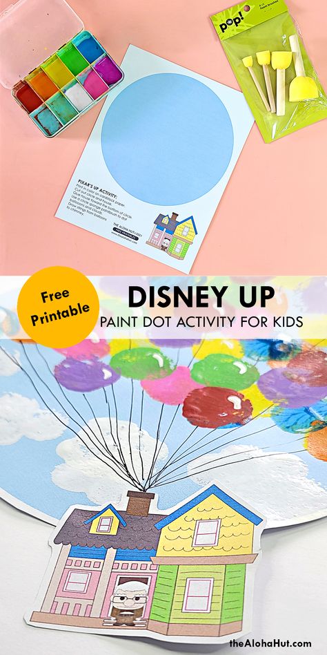 Disney Pixar’s Up Activity - Paint Dot Art - The Aloha Hut Movie Preschool Activities, Disney Lesson Plans For Toddlers, Up Crafts Pixar, Disney Gross Motor Activities, Up Movie Crafts, Disney Lesson Plans Preschool, Disney Week Preschool, Disney Crafts For Kids Preschool, Disney Activities For Toddlers