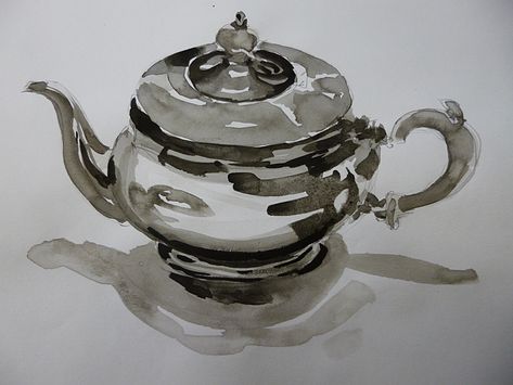 Washed Ink Drawing, Liquid Ink Drawing, Watercolour Object Painting, Object Drawing Watercolour, Ink Wash Art, Metal Pen Drawing, Ink Wash Drawings, Watercolour Teapot, Watercolour Objects