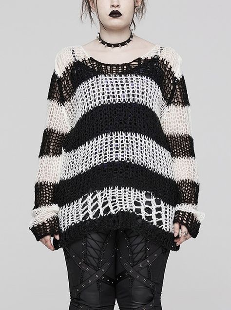 Black And White Contrasting Color Big Round Neck Mohair Irregular Holes Gothic Pullover Sweater - Magic Wardrobes Holey Crochet Sweater, Crochet Hole Sweater, Black And White Crochet Sweater, Goth Sweater, Dark Punk, Ripped Women, Striped Knitted Sweater, Punk Rave, Fine Yarn