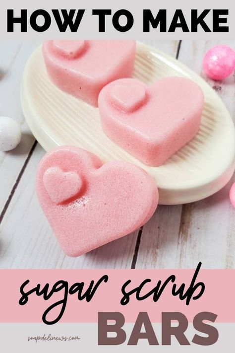 How to Make Sugar Scrub Soap Bars with Essential Oils. Get glowing skin with these easy solid sugar scrub bars. A simple winter skin care recipe to exfoliate and moisture dry skin. It's easy to make DIY sugar scrub soap bars with this recipe for beginners. Even if you've never made melt and pour soap before, you can easily make this winter skin care product at home. Like regular sugar scrubs, they exfoliate and moisturize skin but without feeling greasy or oily. Diy Sugar Scrub Bars, Make Sugar Scrub, Sugar Scrub Bars, Scrub Bars, Easy Sugar Scrub, Scrub Soap Bars, Emulsified Sugar Scrub, Sugar Scrub Homemade, Sugar Scrub Recipe