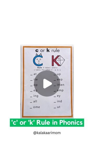 Mansi Patil | Play Based Learning on Instagram: "'c' or 'k' Rule 🪄

Let’s talk about the /k/ sound at the beginning of a word. 

The general rule is to use the letter “c” before consonants and the vowels “a,” “o,” and “u.” 

Examples of this include:
clap, crown, cat, cod, cut

The letter “k” is used for the /k/ sound before the vowels “i” and “e.” 

Examples of this include:
kid, keep

Some exceptions to the above rule include:
Kate, koala, kangaroo, Korea, kayak

🗣️ Did you find this helpful?

⚠️ Comment 'LINK' to get this free printable 

For more such learning ideas check #km_phonics
and follow @kalakaarimom

[ Phonics Read Learn Learning Preschool School Homeschool]

#etkinlik #aktivite #okulöncesi #montessori #preschoolteacher #playideas #playandlearn #kidslearning #earlylearning # Writing Without Tears, Intervention Classroom, Learning Preschool, The Letter C, The Letter K, Phonics Reading, Hand Writing, Play Based, Play Based Learning