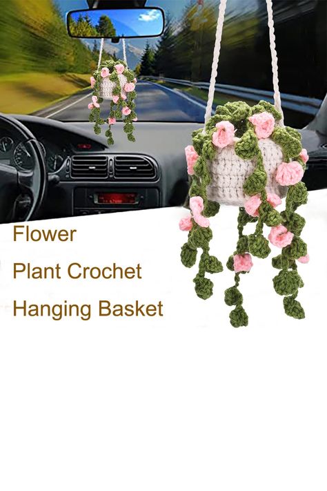 car decoration,auto decorations Crochet Plant Hanger For Car, Crochet Plant Car Hanger, Hanging Car Plant Crochet, Crochet Flower Car Hanging, Crochet Hanging Basket Patterns, Crochet Car Accessories Pattern Free, Crochet Rear View Mirror, Plants Crochet, Car Plants