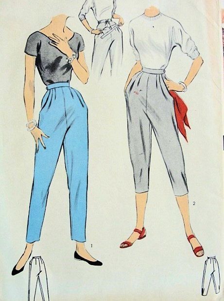 Houseboy pants: These were pants that being in the 1950's and that ended at mid calf. 1950s Pants, Vogue Illustrations, Vintage Maternity, Vintage Fashion 1950s, Pattern Maker, Skirts And Dresses, Fashion 1950s, Sewing Design, Maternity Pants