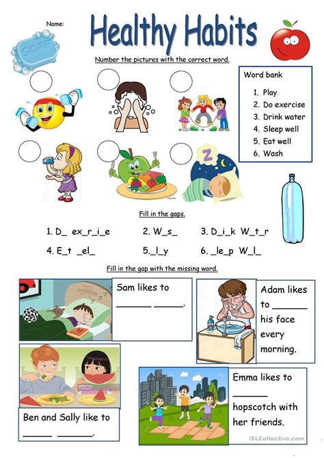 Healthy Habits worksheet - English ESL Worksheets for distance learning and physical classrooms Healthy Habits For Kids, Health Lessons, Health Habits, College Prep, 7 Habits, Healthy Eating Habits, Lessons For Kids, Good Habits, Kindergarten Worksheets