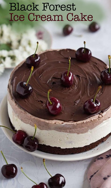 This easy and delicious Black Forest ice cream cake is the ultimate homemade frozen treat! #blackforest #cherries #chocolate #icecream #dessert Black Forest Ice Cream, Ice Cream In A Bag, Cherry Cake Recipe, Cherry Ice Cream, Churn Ice Cream, Homemade Snickers, Ice Cream Cake Recipe, Homemade Recipes Dessert, Cake From Scratch