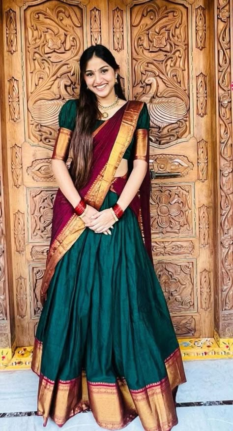 Narayanpet Sarees Blouses, Green And Maroon Half Saree, Blouse Designs For Langa Voni, Naryanapattu Sarees, Blouse Designs For Narayanpet Half Sarees, South Indian Half Saree Designs, Red And Green Half Saree Pattu, Green Dhavani Set, South Style Lehenga