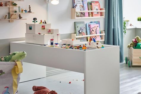 #Ikea and #Lego have joined forces to create this playful #storage set #ikealego #legostorage #kidsroom #kidsstorage #toystorage Creative Toy Storage, Lego Boxes, Play Corner, Lego Table, Lego Storage, Activity Table, Ikea Family, Large Drawers, Kids Playroom