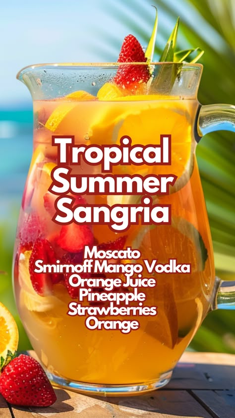 Tropical Summer Sangria Summer Cocktail Punch Recipes, Fruit Cocktail Drinks Recipes, Summer Punch Alcohol, Summer Drink Recipes Alcoholic, Sparkling Sangria Recipes, Refreshing Summer Drinks Alcohol, Sangria Recipes Easy, Summer Alcoholic Drinks, Summer Mixed Drinks