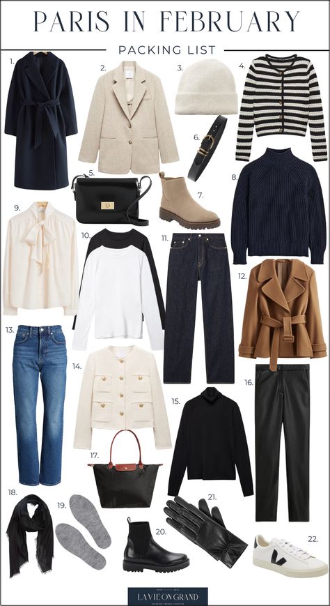 Graphic of 22 items to pack for Paris in February What To Pack Europe Winter, Italy Winter Packing List, France Fall Fashion, 4 Days In Paris Outfits, February In Paris Outfit, February In London, How To Pack For Europe In Winter, Winter Style Paris, Outfits For Paris In February