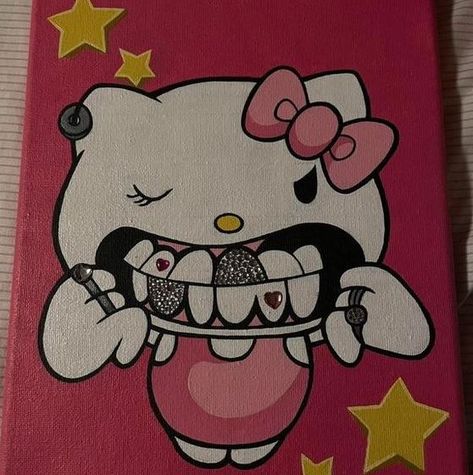 Hello Kitty with Grillz Painting: y2k painting ideas easy easy acrylic painting ideas y2k beginner painting ideas easy simple y2k Grillz Painting, Y2k Painting Ideas, Y2k Painting, Painting Ideas Easy Simple, Hello Kitty Painting, Spiderman Painting, Kitty Painting, Painting Ideas Easy, Y2k Hello Kitty