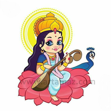 Laxmiji Drawing, Amman Drawings Easy, Cute Saraswati Drawing, Saraswati Cartoon, Saraswati Goddess Paintings Easy, Swarasati Maa Drawing, Durga Mata Drawing Easy, Cute Saraswati Goddess, Sarswati Maa Drawing Easy