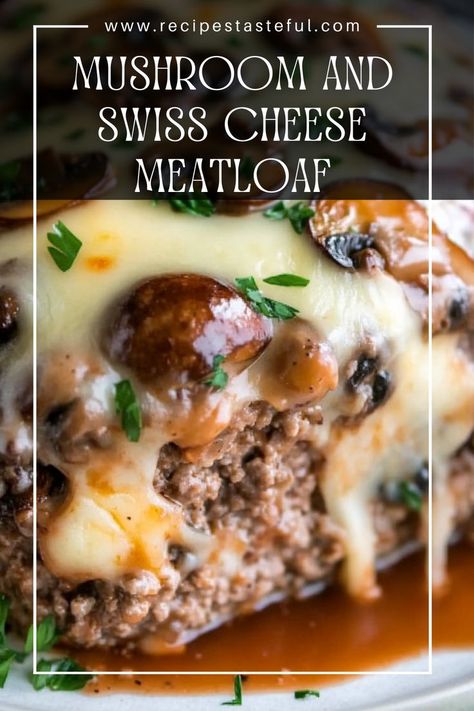 This Mushroom and Swiss Cheese Meatloaf combines savory ground beef and pork with flavorful mushrooms and gooey Swiss cheese for a comforting and delicious meal. Perfect for family dinners, this meatloaf is sure to become a favorite! Pork And Beef Meatloaf, Mushroom Meatloaf Recipes, Meatloaf Recipe With Cheese, Beef And Mushroom Recipe, Mushroom And Swiss, Cheese Meatloaf, Pork Meatloaf, Beef Meatloaf Recipes, Grilled Burger Recipes