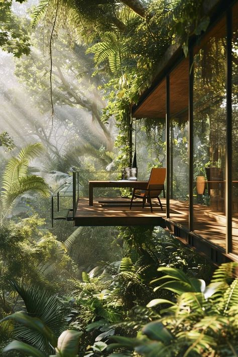 Home Forest, Rainforest House Interior, House Forest, Jungle House Aesthetic, Rainforest House, Rain Forest House Aesthetic, Rainforest House Aesthetic, Glass Treehouse, Rainforest Architecture