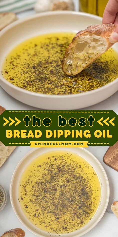 Learn how to make The Best Bread Dipping Oil! This homemade condiment from scratch is made with a dried blend of spices and rich, aromatic olive oil. It's one of the best homemade sauces you can make! Italian Bread And Olive Oil Dip Recipes, Bread For Oil Dipping, Dipping Sauces For Bread, Best Bread For Dipping In Oil, Roasted Garlic Olive Oil Dip, Olive Oil Bread Dip Gift, Bread Dips Recipes Oil, Seasoned Oil For Dipping Bread, Irresistible Olive Oil Bread Dip