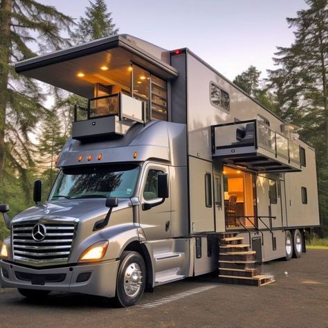 Highway Castles: Semi-Truck RV Conversions with Balconies That Define Luxury Travel Luxury Rv Interior, Nice Bus, Semi Trucks Interior, Luxury Rv Living, Truck House, Sprinter Rv, Cool Rvs, Luxury Campers, Rv Holiday