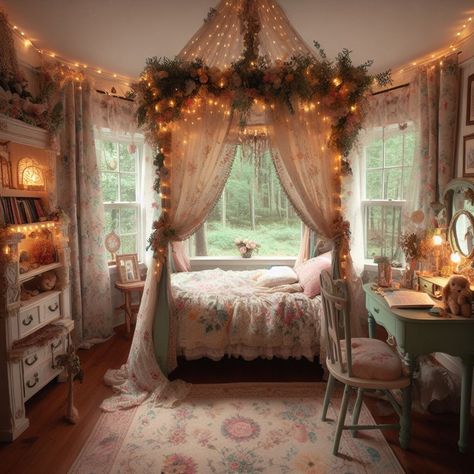 Fairytale Apartment, Fairycore Room Aesthetic, Sea Aesthetic Room, Room Inspiration Bedroom Pink, Pink Fairycore Bedroom, Cottage Core Bedroom Aesthetic Pink, Pink Fairy Core Room, Pink And Green Bedroom Aesthetic, Cottage Room Decor